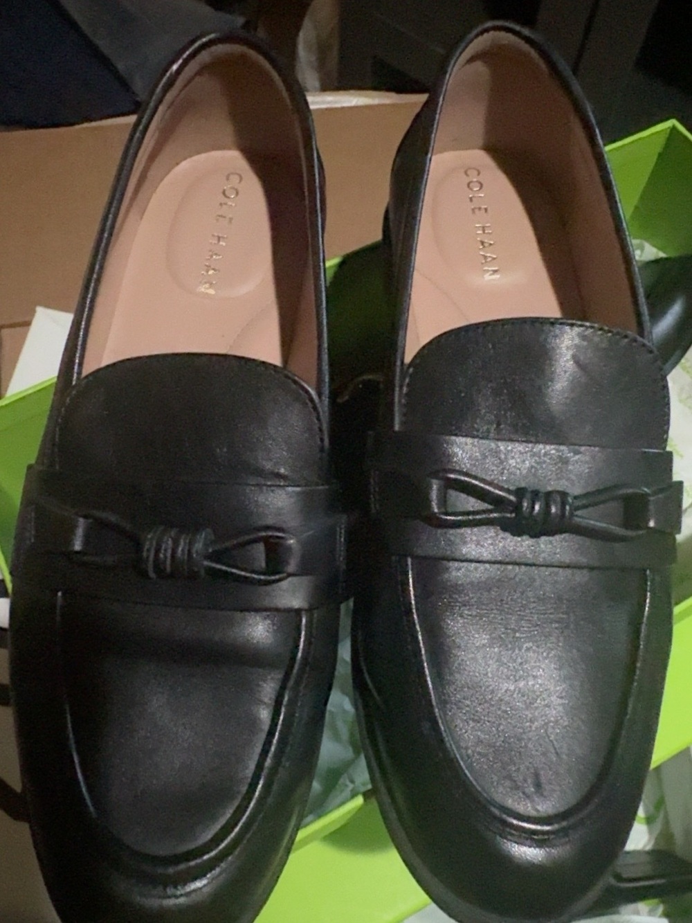 Cole Haan Black Leather Bow Loafers Slip On Shoes